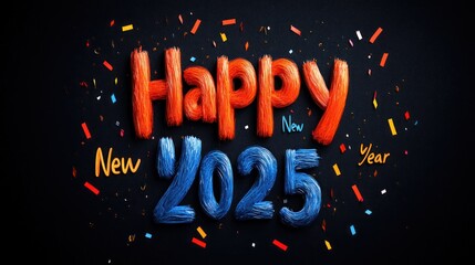 Happy New Year 2025 greeting with colorful furry text effect and confetti on black background.