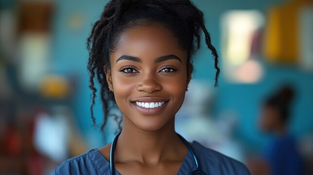 A Black woman nurse smiles and thinks about healthcare, representing the future of the medical industry, integrity, care, support, and inspiration for midwives and maternal health.