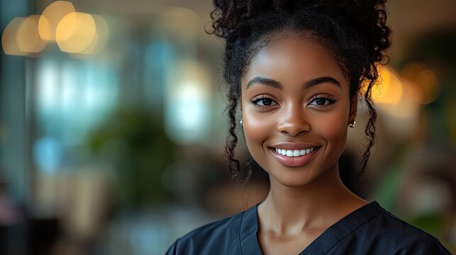 A Black woman nurse smiles and thinks about healthcare, representing the future of the medical industry, integrity, care, support, and inspiration for midwives and maternal health.