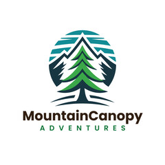 Pine Tree with Mountain Silhouette in Green and Blue Logo Design