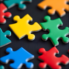 Obraz premium A jigsaw puzzle with pieces in various colors. Concept of creativity and fun, as the different colors and shapes of the puzzle pieces come together to form a cohesive whole