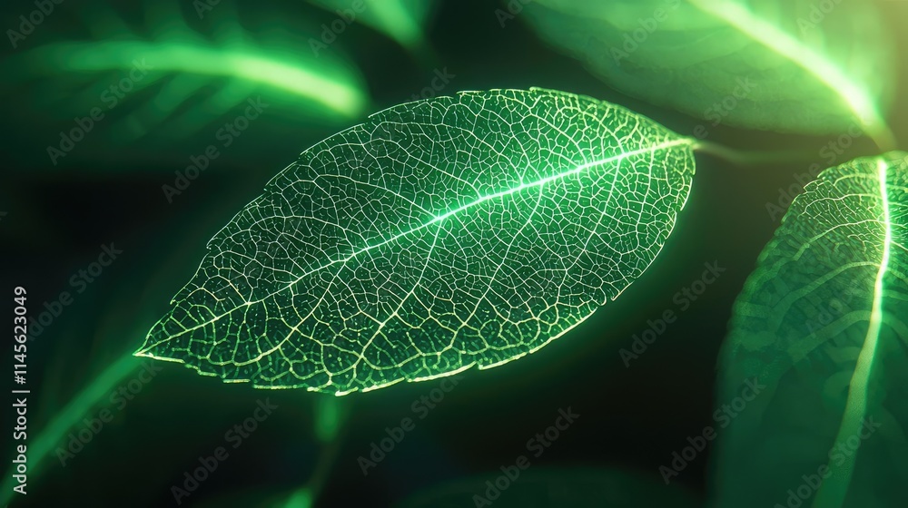 Poster micro foliage idea. close-up of a vibrant green leaf showcasing intricate vein patterns and textures