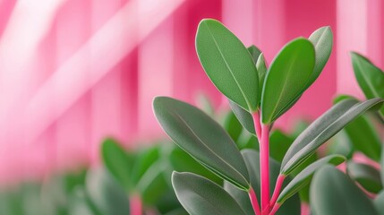 Obraz premium Micro foliage idea. Close-up of vibrant green leaves against a soft pink background, showcasing nature's beauty.
