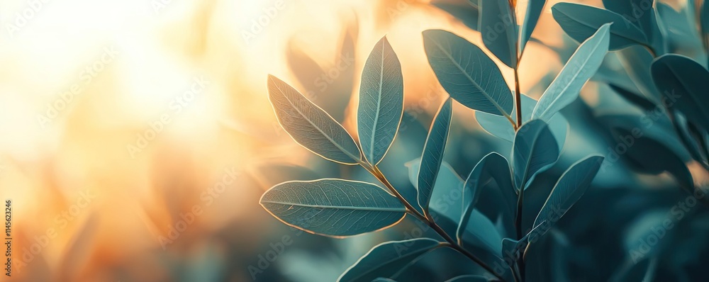 Poster micro foliage idea. close-up of green leaves illuminated by soft sunlight in a serene environment.