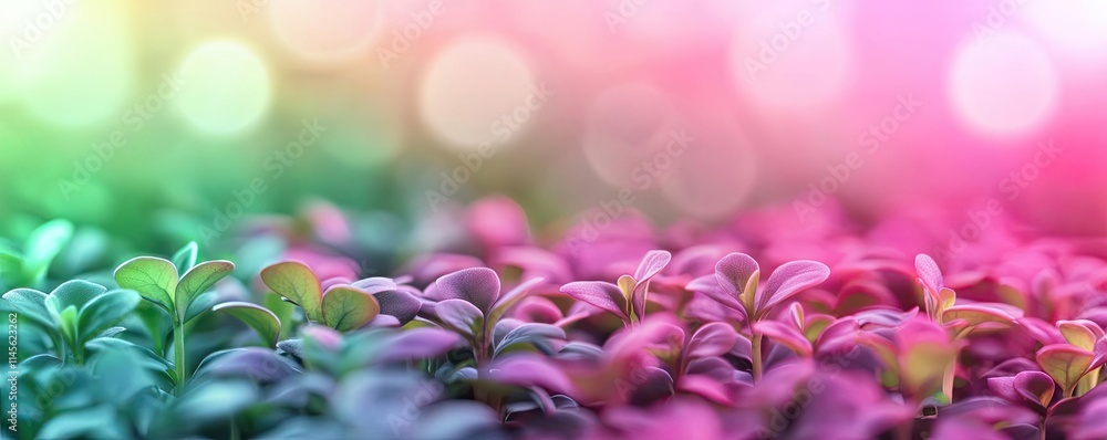 Poster micro foliage idea. vibrant close-up of lush green leaves with soft glowing bokeh in the background.