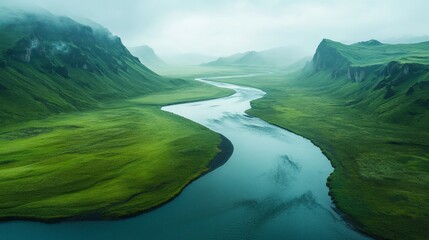 Fototapeta premium Serene River Meandering Through Lush Green Valley Landscape