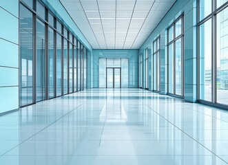 Modern, bright office hallway with glass walls and shiny floor. Ideal for corporate, business, or architectural design projects.