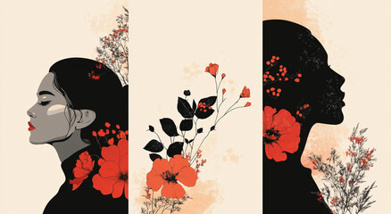 Form three vertical panels with an elegant female profile on the left, featuring flowers and plants in red, orange or black.