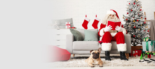 Fototapeta premium Santa Claus with book and cute French bulldog in room decorated for Christmas