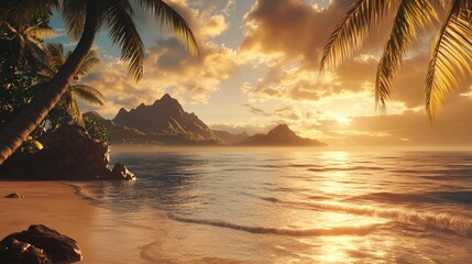 Serene Tropical Island Landscape with Sunset and Palm Trees