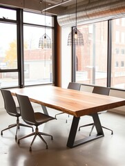 Fototapeta premium A modern conference room featuring a large wooden table, sleek chairs, and ample natural light from large windows.
