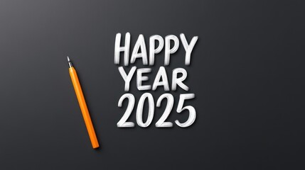 Happy New Year 2025 greeting with pencil on black background.