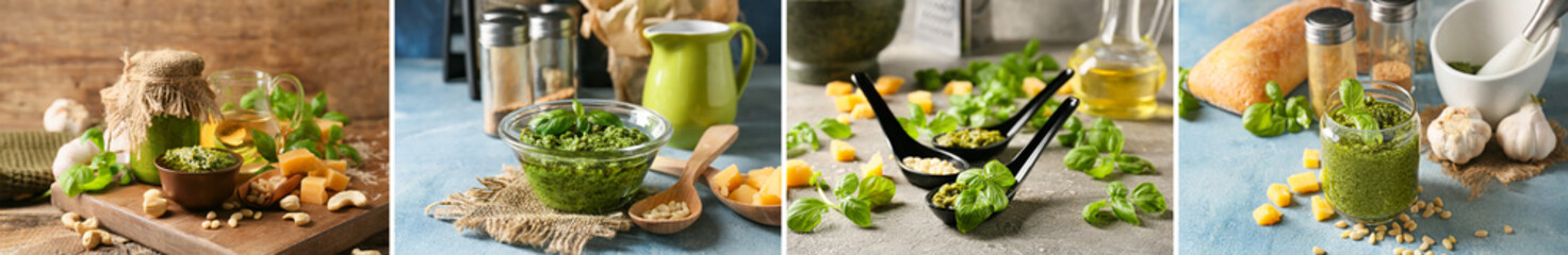 Set of tasty pesto sauce on table