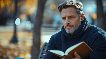 A middle-aged Caucasian man in his early 40s, dressed in a cozy navy sweater and jeans