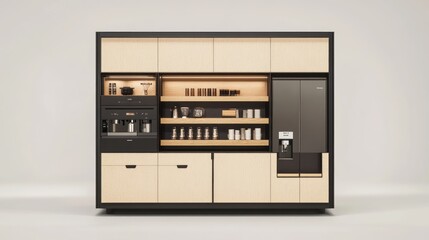 Fototapeta premium Modern integrated kitchen unit with coffee maker, refrigerator, and storage shelves.