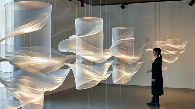 A series of hanging mobiles made of translucent strings depicting the graceful movements and interactions of particles proposed by superstring theory.