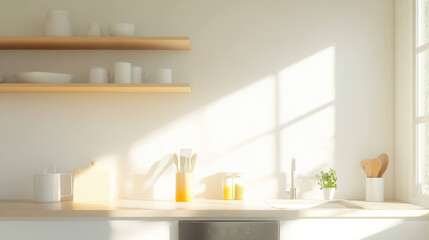 Fototapeta premium bright and airy kitchen with open shelving, stainless steel appliances, and minimal decor. Natural light enhances serene