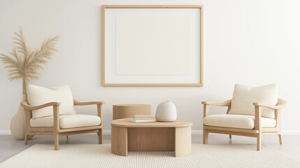 Mock up frame in children room with natural wooden furniture, 3D render