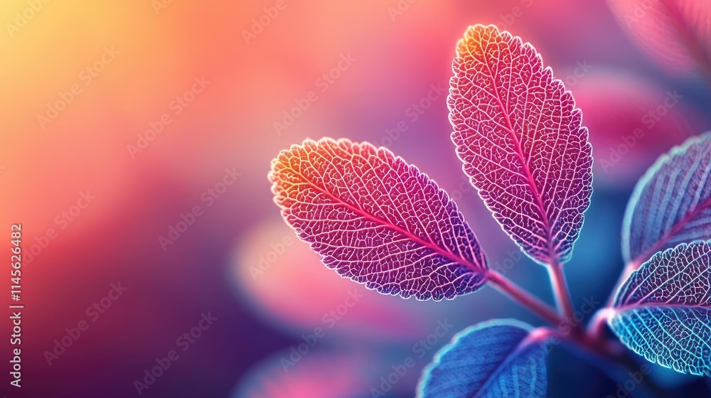 Poster micro foliage idea. colorful close-up of intricate leaves with vibrant hues and soft background blur