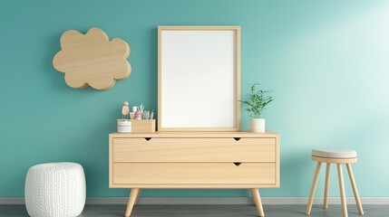 Mock up frame in children room with natural wooden furniture, 3D render