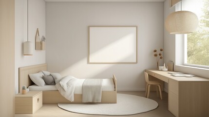 Mock up frame in children room with natural wooden furniture, 3D render