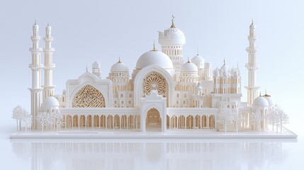 Obraz premium Intricate white papercraft model of a grand mosque with detailed domes and minarets on a reflective surface.