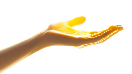 A hand is shown in a white background with a yellow hue. The hand is open and extended, as if it is reaching out to someone or something. Concept of warmth, comfort, and connection