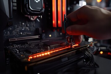 A clean workspace featuring an engineer's hand tightening the retention arm of a processor socket after installing a CPU, with cooling paste and a heatsink in the background.