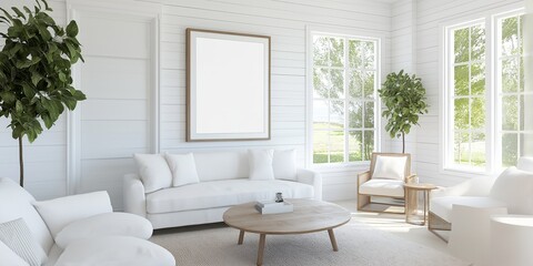 Mockup frame in farmhouse living room interior, 3d render