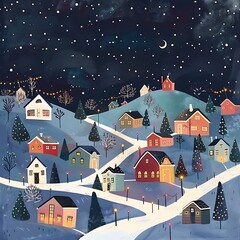 Flat design artwork of a festive winter village with small houses adorned with Christmas lights, under a starlit sky. 8k UHD, suitable for high-quality printing or digital display. 