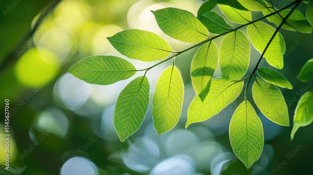 Poster micro foliage idea. close-up of vibrant green leaves illuminated by soft natural light in a serene s
