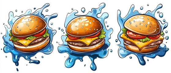 Naklejka premium Juicy burger splash fast food scene digital illustrations vibrant colors close-up view food concept