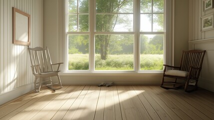 Mockup frame in farmhouse living room interior, 3d render