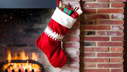 Festive Fireplace Scene: Traditional Christmas Stocking with Gifts and Candy Canes
