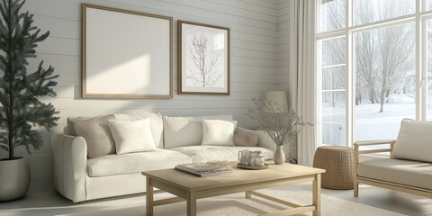 Fototapeta premium Mockup frame in farmhouse living room interior, 3d render