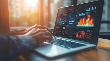 Person planning holiday on laptop, showing graphs and data.
