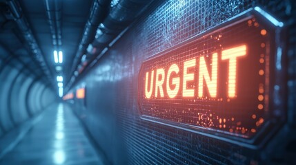 Fototapeta premium Glowing urgent warning sign in futuristic tunnel with digital blue and red light reflecting on walls
