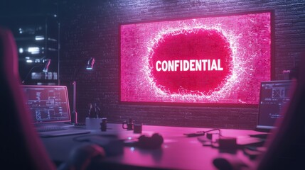 Bright confidential message glowing on a futuristic digital screen in a secure high-tech workspace