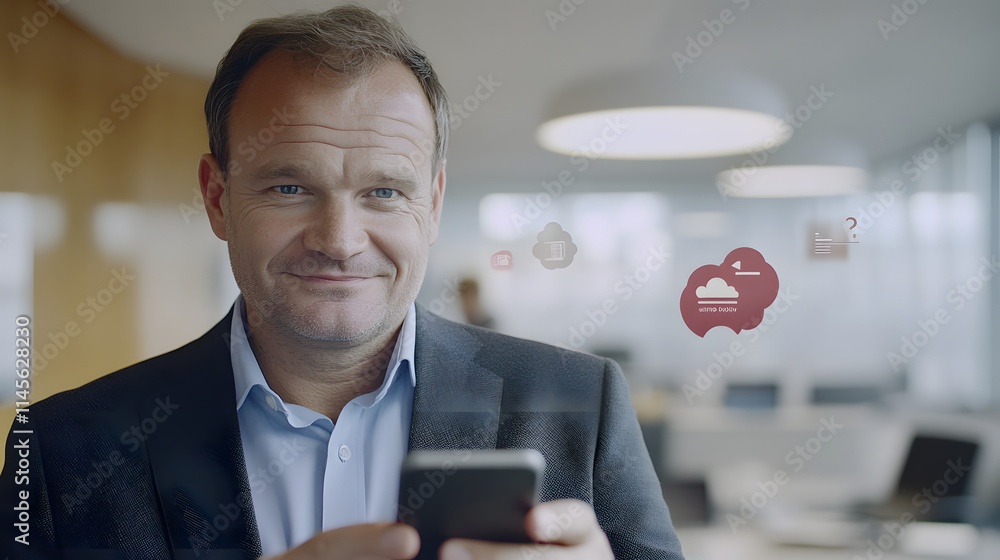Poster a middle-aged businessman smiles confidently while using his smartphone in a modern office. cloud co