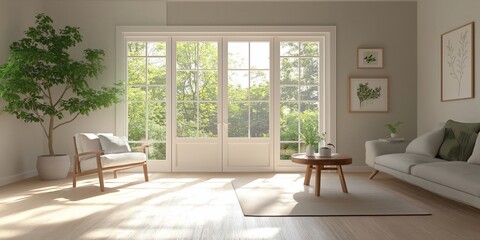 Mockup frame in farmhouse living room interior, 3d render