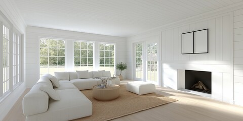 Mockup frame in farmhouse living room interior, 3d render