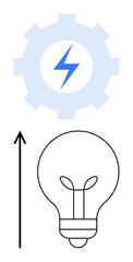 Gear with lightning bolt vertical arrow light bulb. Ideal for innovation, efficiency, creativity, progress, energy, technology, ideas. Line metaphor
