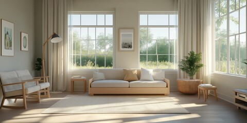Mockup frame in farmhouse living room interior, 3d render