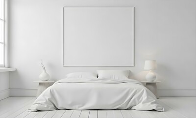 A minimalist bedroom with a white bed, white walls, and a large blank canvas on the wall