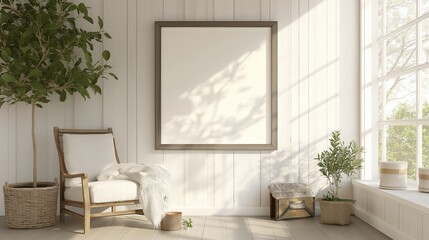 Fototapeta premium Mockup frame in farmhouse living room interior, 3d render