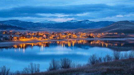 Fototapeta premium Illuminated Small Town at Dusk Reflected on Calm Water Surface