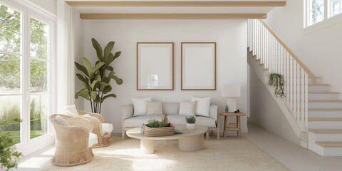 Mockup frame in farmhouse living room interior, 3d render