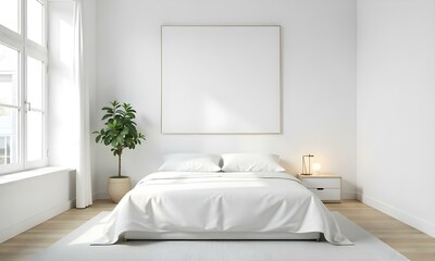 A minimalist bedroom with a white bed, white walls, and a large blank canvas on the wall
