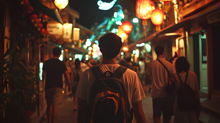 Obraz premium A lone traveler with a backpack walks through a vibrant, brightly lit night market. Red lanterns illuminate the bustling street, creating a warm, inviting atmosphere.