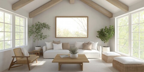 Mockup frame in farmhouse living room interior, 3d render